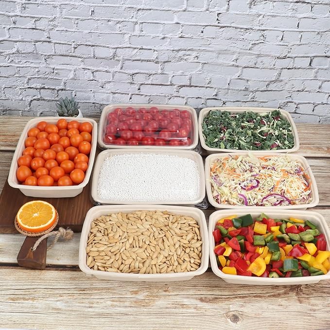 JAYEEY 32 oz Rectangle Disposable bowls with lids,Sugarcane Fibers Bowls take away food containers Plant Fibers Freezer Safe 50 Pack