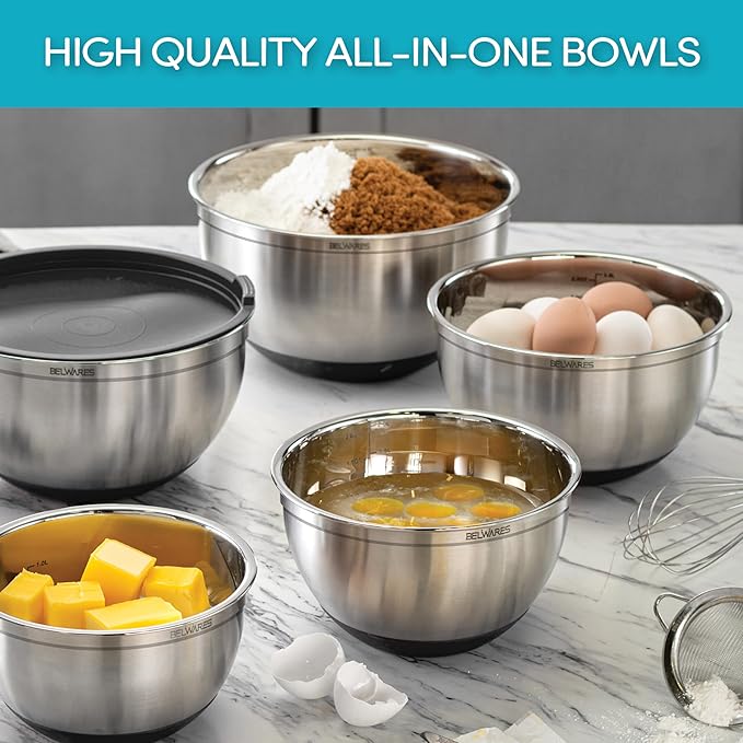 Mixing Bowls with Airtight Lids - 8PCS Stainless Steel Nesting Mixing Bowls Set with 3 Grater Attachments & Non-Slip Bottoms, Kitchen Bowls, Sizes 5, 4, 3.5, 2, 1.5QT for Baking & Food Prep (Black)