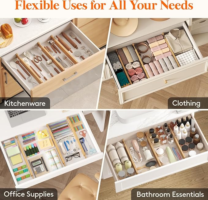 Lifewit 8 Pack Bamboo Drawer Dividers 2.4" High, 17.5-22" Kitchen Drawer Organizers, Adjustable Wooden Drawer Dividers for Clothes, Expandable Drawer Separators for Dresser, Bedroom, Bathroom, Cabinet