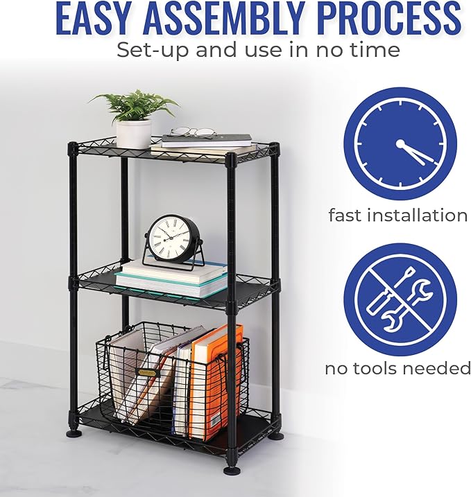 SafeRacks - NSF Certified Storage Shelves, Zinc, Heavy Duty Steel Wire Unit with Adjustable Feet, Garage or Bakers Rack, Kitchen, Pantry Shelf - (18"x10"x30" 3-Tier) (Black)