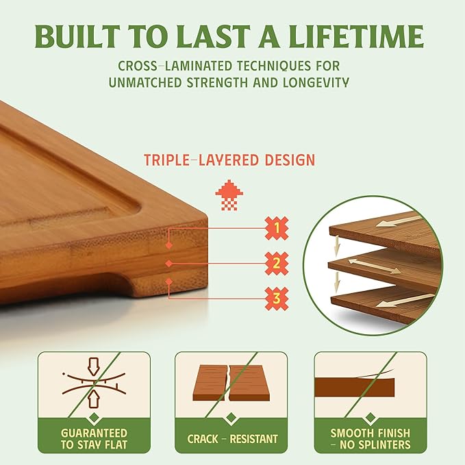 Vietnam Carbonized Bamboo Cutting Board Set of 2 with Holder, Non Toxic Reversible Boards with Juice Groove, Smooth Finish and Non Slip Feet, Handmade in Vietnam for Prep and Charcuterie