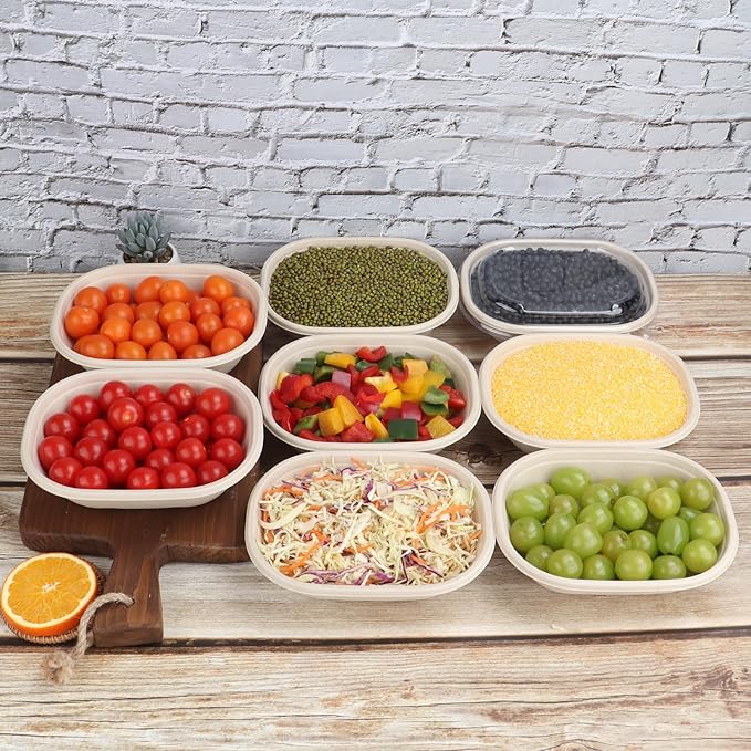 JAYEEY 20 oz Disposable salad bowls with lids, Sugarcane Fiber Paper Bowls take away Bagasse food containers meal prep deli container 50 Pack