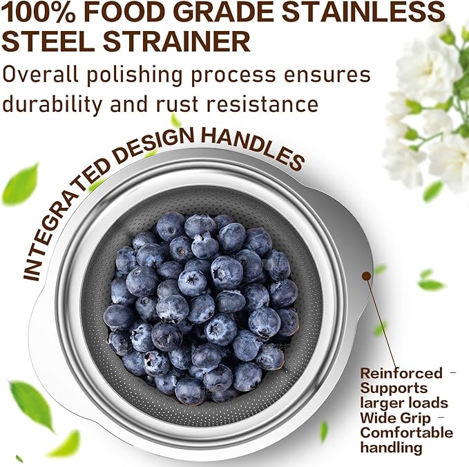 Stainless Steel Colander for Kitchen, Stainless Steel Strainer, Pasta Strainer for Spaghetti Fruit Vegetable Cooking Food, 3 Pcs Strainers and Colanders(2QT, 3QT, 5QT), Dishwasher Safe, Kitchen Gift