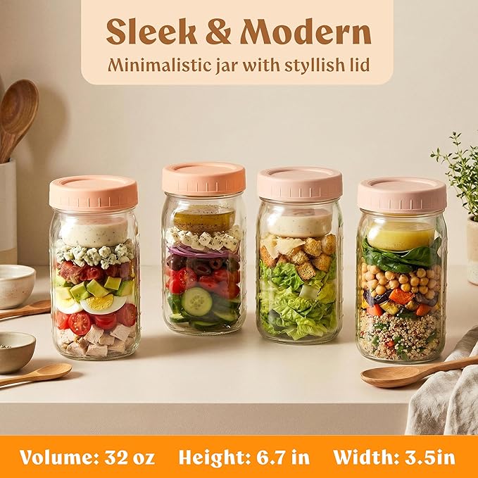 4 Pack Glass Salad Jars with Lids for Meal Prep, Leakproof Container with Two Small Built in Cups for Wet/Dry Separation for Salad Dressing and Ingredients, 32oz Mason Jars (Brown/Beige)