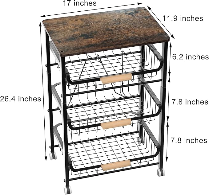 Fruit Vegetable Basket for Kitchen,4 Tier Pantry Organizer with Wheels,Snack cart with Wood Top,Metal Wire Storage Basket Organizer Baskets for Kitchen, Pantry, Bathroom