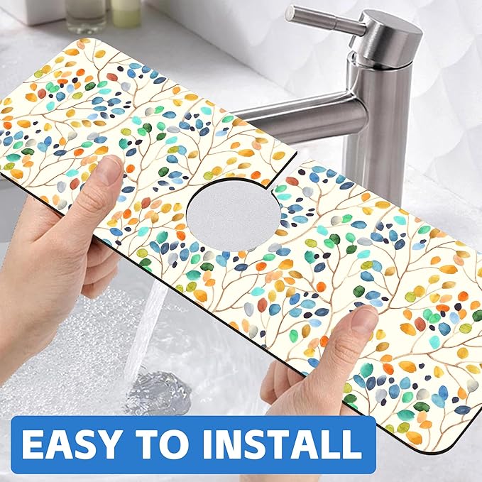 Abstract Watercolor Leaves Sink Faucet Absorbing Mat Sink Splash Guard Faucet Mat Draining Mat Fast Drying Sink Protectors for Kitchen and Bathroom 5.5"×15"