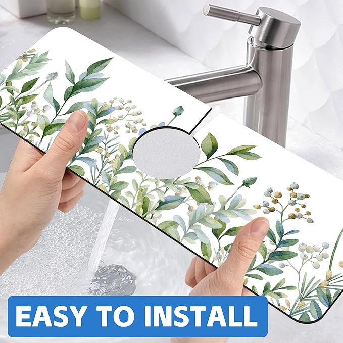 Watercolor Green Branch Leaves Dish Drying Mat for Kitchen Sink Splash Guard Behind Faucet Sink Mat Absorbent Fast Drying Faucet Draining Mat for Bathroom Kitchen 5.5"×15"