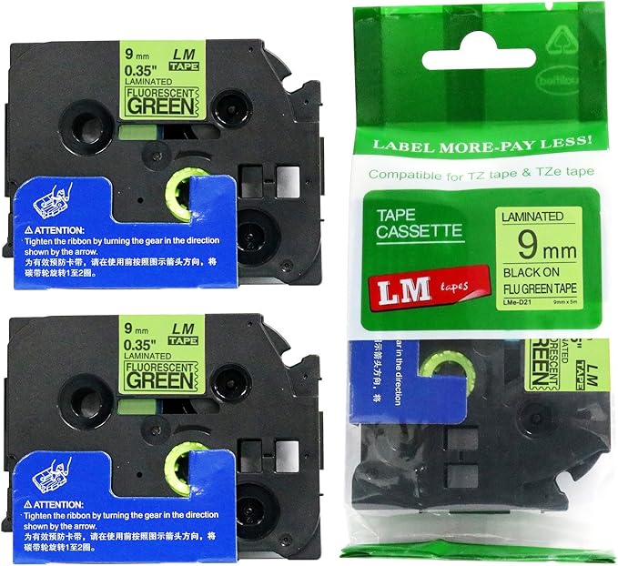 2/Pack LM Tapes - LMeD21 Premium 3/8" Black Print on Bright Green Label Compatible with P-Touch TZeD21 Tape and Includes Tape Color/Size Guide. Replaces Ptouch TZD21 9mm 0.35 Laminated.