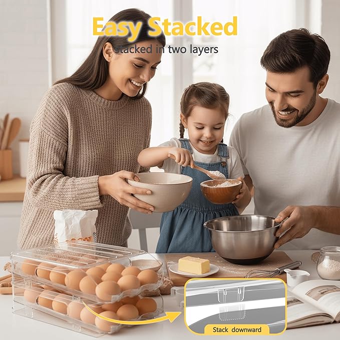 Egg Holder for Fridge, Automatic Steady Rolling Egg Container with Soft Bumpers & Handle for Refrigerator, Stackable Fridge Organizers and Storage with Lid