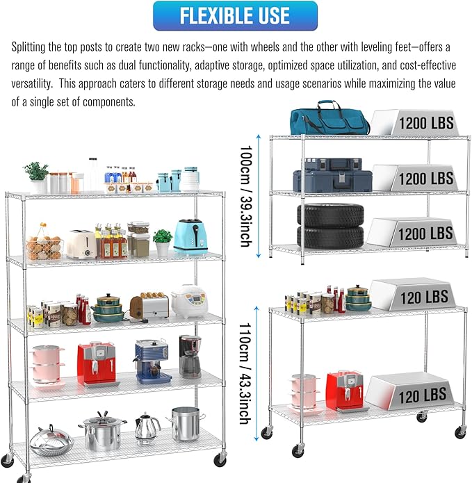 5 Tier NSF Wire Shelf Shelving Unit, 24 x 60 x 82 Inch 7500lbs Capacity Heavy Duty Adjustable Storage Metal Rack with Wheels/Leveling Feet & Shelf Liners, Ideal for Garage, Kitchen, and More - Chrome