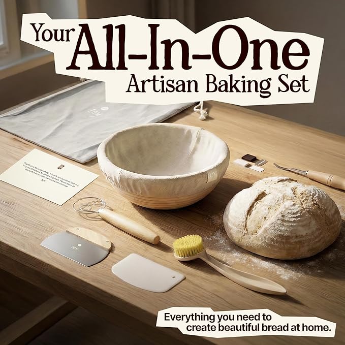 TEY 9'' Banneton Bread Proofing Basket Set – Natural Rattan Banneton with Linen Liner, Baking Tools & Accessories, Digital Recipe eBook, Artisan Sourdough Starter Kit, Homemade Bread Baking Gift Set