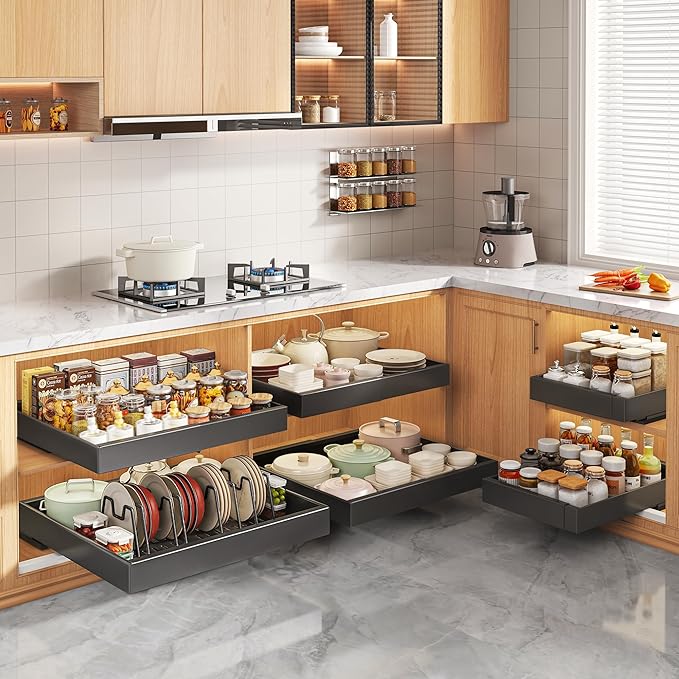 4Pack Expandable Pull Out Cabinet Organizer 21"Deep With Raising Pad for Framed Cabinets,Slide Out Drawers with 4pcs Divider Racks,Roll Out Shelves Adhesive,Adjustable Width 12.05"-20.4"Black