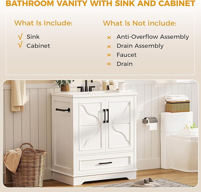 IRONCK 30" Bathroom Vanity with Ceramic Basin,Modern Under Sink Cabinet with 2 Soft Closing Doors and 1 Drawer, Free Standing Bathroom Storage Cabinet with Sink Combo Set,NO Faucet Accessories, White