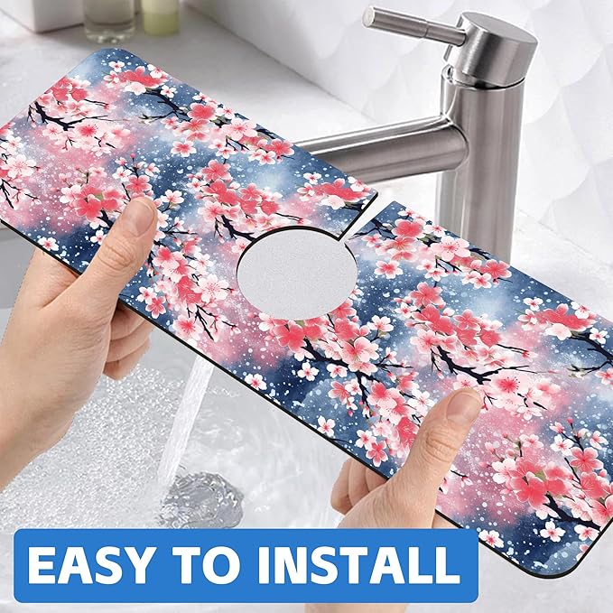 Japanese Pink Cherry Blossoms Dish Drying Mat for Kitchen Sink Splash Guard Behind Faucet Sink Mat Absorbent Fast Drying Faucet Draining Mat for Bathroom Kitchen 5.5"×15"
