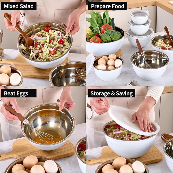 LKTDYMEG White Mixing Bowls with Lids Set of 7, Stainless Steel Nesting Bowl with Khaki Lid for Non-slip Mixing Prepping Storing Serving, 7 Sizes-7/3.6/2.7/2.1/1.5/1/0.8 QT
