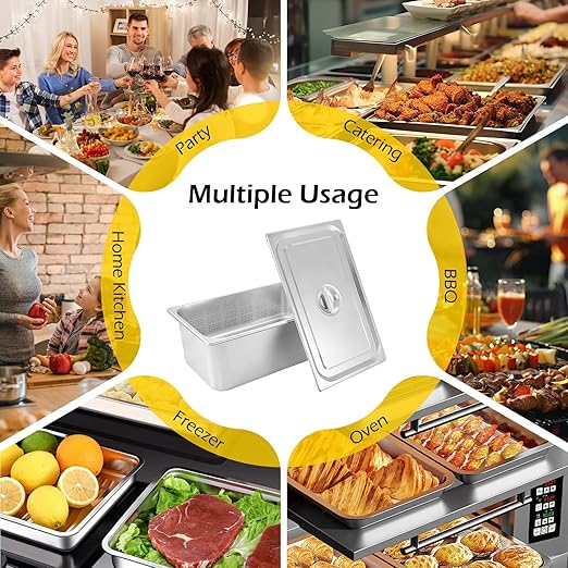 Dyna-Living 3 Pack Full Size 6 Inch, 8 Inch Hotel Pan Perforated Steam Table Pans with Lid Stainless Steel Chafing Dish Pans Commercial Food Pan for Catering Buffet Hotel Home Restaurant Supplies