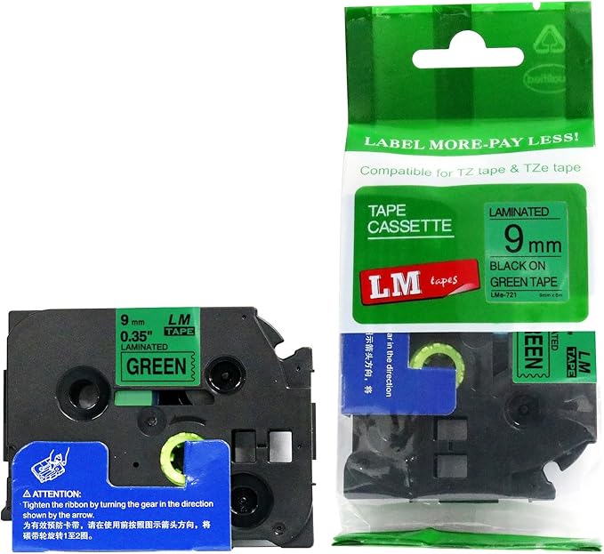 1/Pack LM Tapes - LMe721 Premium 3/8" Black Print on Green Label Compatible with P-Touch TZe-721 Tape and Includes Tape Color/Size Guide. Replaces TZ-721 9mm 0.35 Laminated.