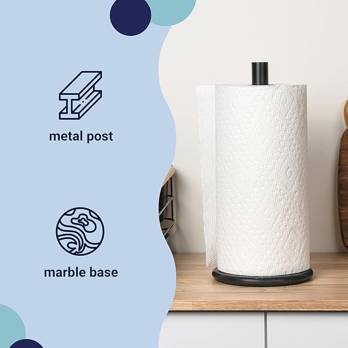 happimess PRH2000E Avery Modern Classic Metal with Non Slip Weighted Wood Base Paper Towel Holder, for Bathroom Kitchen Countertop, Standard or Jumbo-Sized Roll Paper, Black