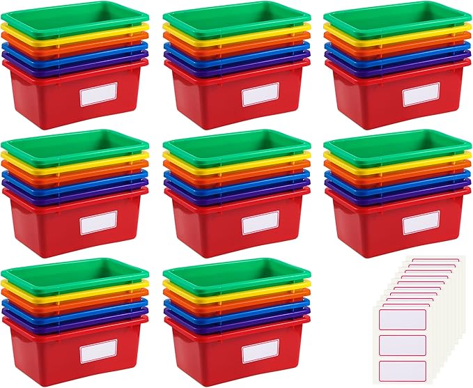 Outus 48 Pcs Plastic Cubby Bins Bulk for Classroom Organization Small Stackable Book Bins Toy Storage Box Container Tubs Organizer with 120 Self Adhesive Label for Library School Office Home, 6 Colors
