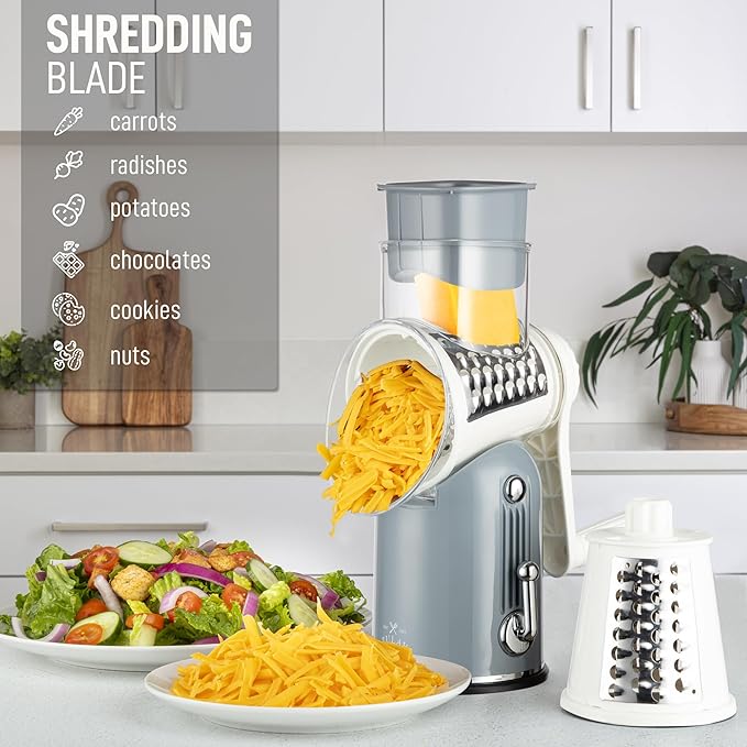 Zulay Kitchen Rotary Cheese Grater 5 Blade Cheese Shredder - Manual Hand Crank Cheese Grater With Reinforced Suction & 5 Interchangeable Drums - Easy to Use, Vegetable Chopper Round Mandoline Slicer