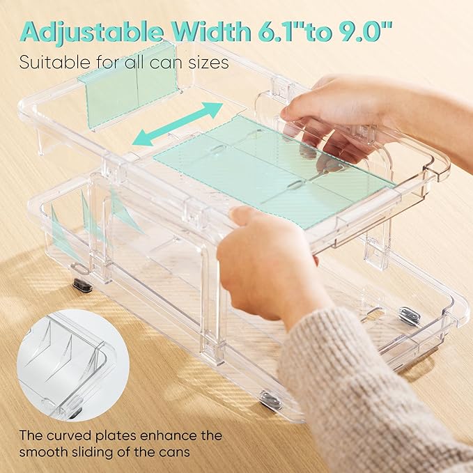 VUSIGN Expandable Soda Can Organizer 2 Pack, Adjustable Width Can Dispenser for Refrigerator 6.1''-9.38'' W, Drink Organizer for Fridge, Can Holder for Standard and Tall Can, Clear