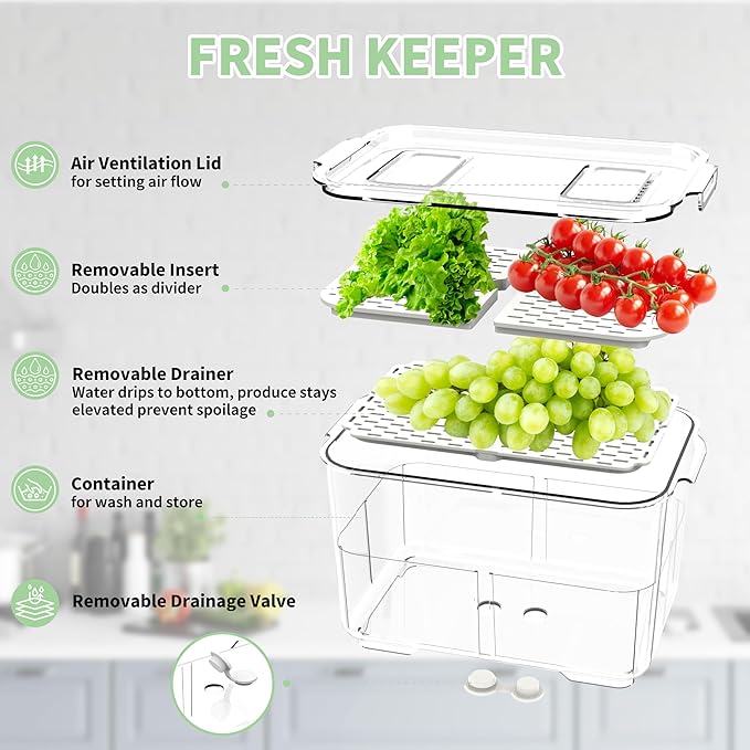 elabo Fruit Storage Containers Fridge Produce Saver -Stackable Refrigerator Organizer Storage and Colander Container with Lids and Removable Drain Tray for Veggie, Berry and Fruits, 2 Large