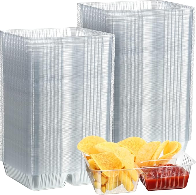 Vesici 500 Pcs 12oz Nacho Trays Disposable 2 Compartment Food Snack Tray Concession Stand Supplies Movie Night Clear Plastic Cheese Dip and Chip Holder for Candy School