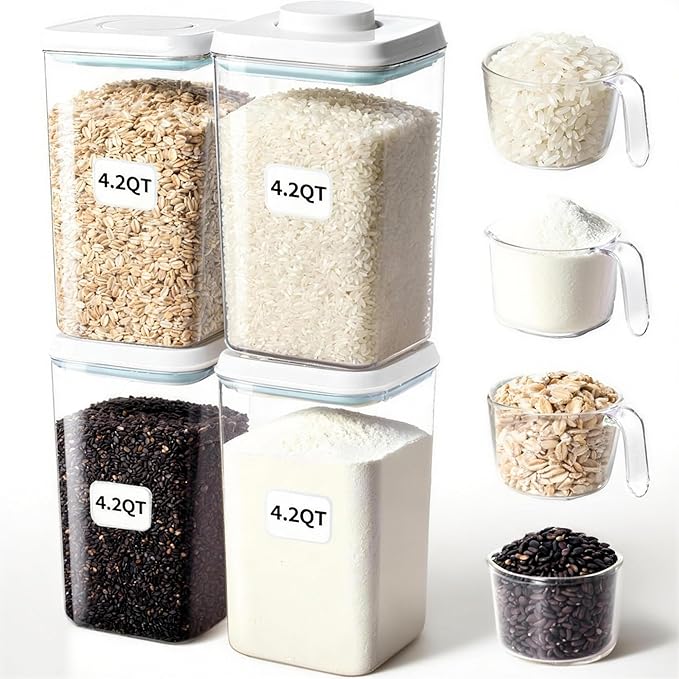 Airtight Food Storage Container with Pop Lid & 130ml Scoop, BPA-Free Cereal, Rice, Flour, Pasta & Snack Container, Stackable & Durable, Kitchen Pantry Organizer (4000ml / 4.2qt *4)