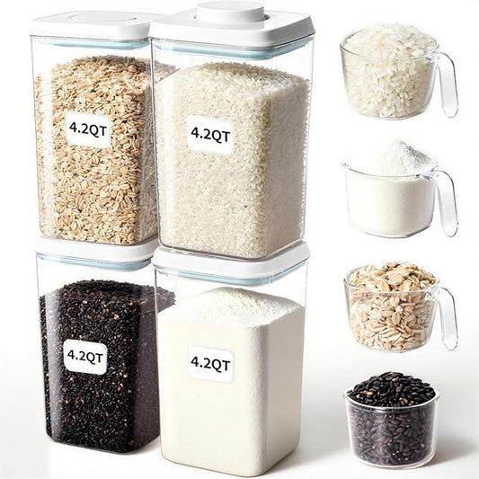 Airtight Food Storage Container with Pop Lid & 130ml Scoop, BPA-Free Cereal, Rice, Flour, Pasta & Snack Container, Stackable & Durable, Kitchen Pantry Organizer (4000ml / 4.2qt *4)