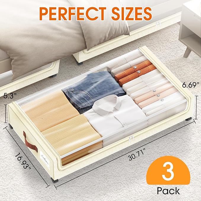Under Bed Storage with Wheels 3Pack Underbed Storage with Clear Window&Label Under Bed Drawers Large Capacity Rolling Under Bed Storage for Clothes,Shoes, Blankets (Beige)