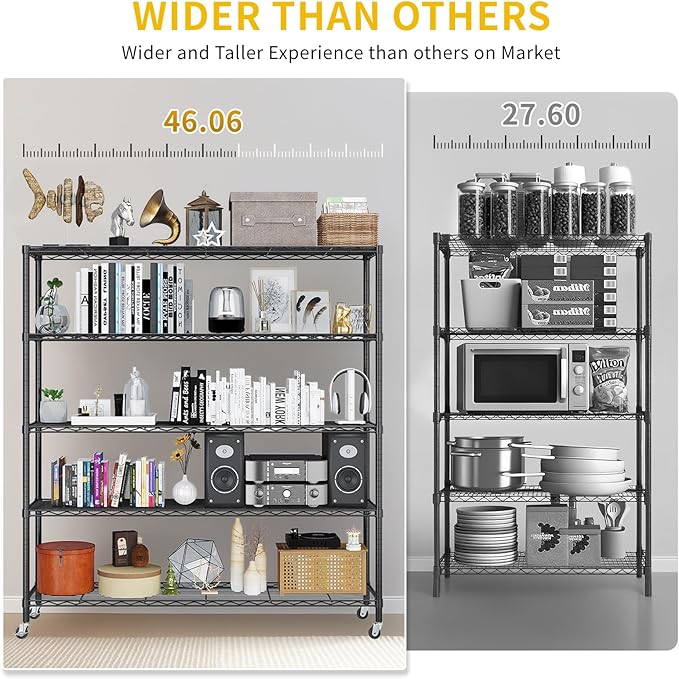 VINGLI 5 Tier Metal Storage Shelves 73''H Wire Shelving with Wheels for Storage Adjustable Heavy Duty Garage Shelving Storage Racks for Pantry Shelves Kitchen Office Garage, 73''H X46''W X17''D
