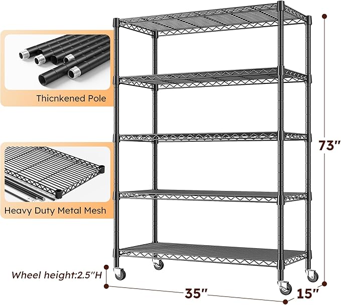 REIBII 73''H Storage Shelves 1660LBS Wire Shelving Unit with Wheels 5 Tier Metal Shelving,Heavy Duty Metal Shelves for Storage Rack,Commercial Industrial Shelving for Garage Kitchen 73''HX35''WX15''D