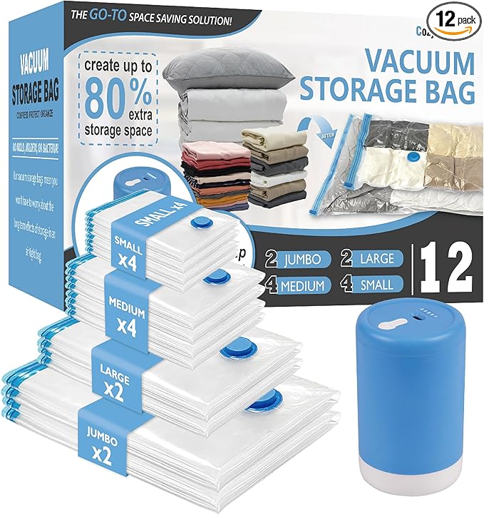 Cozy Essential 12 Pack Travel Vacuum Storage Bags with Rechargeable Wireless Electric Pump for Luggage, Suitcase, Carry-on Size Vacuum Seal Compression Space Saver Bags for Clothes and Clothing Travel