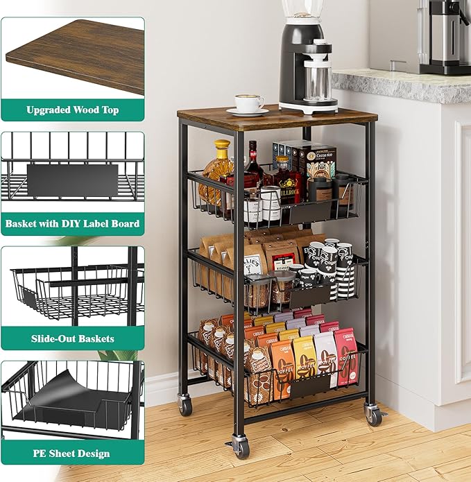 Giwil Vegetable Fruit Basket for Kitchen Pantry Organizers Storage, 4-Tier Utility Rolling Cart on Wheels with Wood Top and Drawer Wire Baskets for Onions Potatoes Snacks, Black