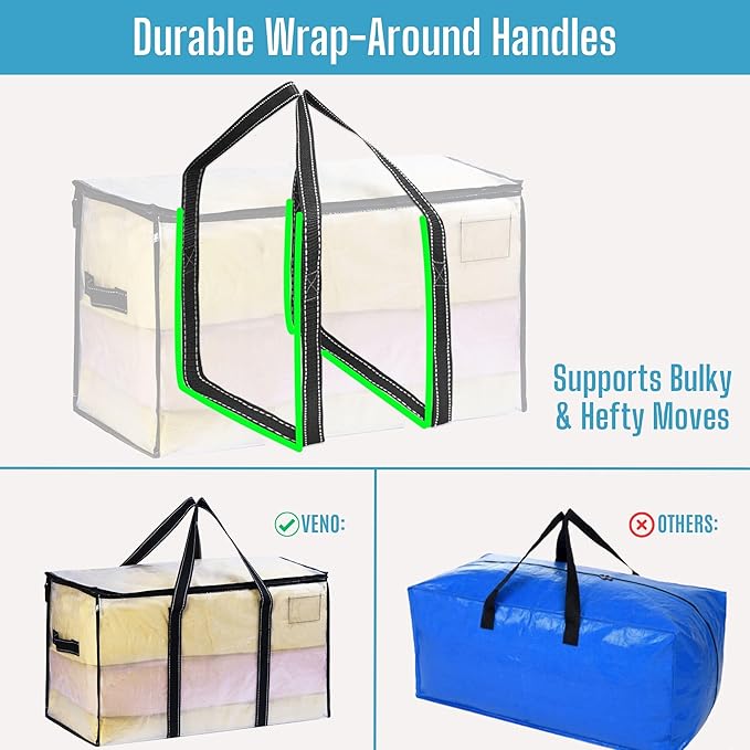 VENO 8 Pack Moving Bags & Large Christmas Storage Bins with lids for Decorations, Garland, Lights. Moving Boxes Packing Supplies for College Dorm. Extra Large Heavy Duty Totes (Clear-8 Pack)