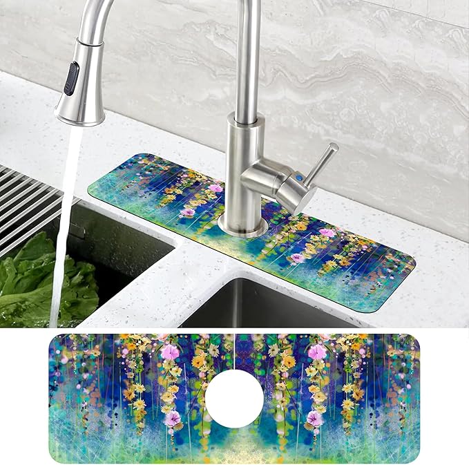 Abstract Watercolor Floral Kitchen Sink Splash Guard Mat Absorbent Fast Drying Mat Faucet Draining Mat Sink Splash Guard Behind Faucet Drip Catcher for Kitchen Bathroom 5.5"×15"