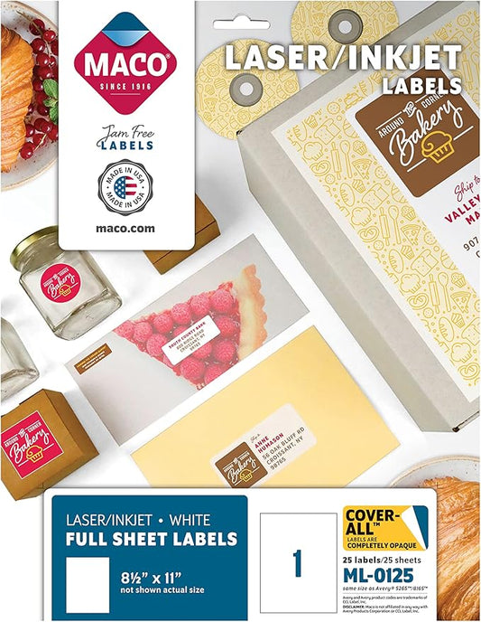 MACO Laser/Ink Jet White COVER-ALL Full Sheet Labels, 8-1/2" x 11", 1 per Sheet, 25 per Pack (ML-0125)