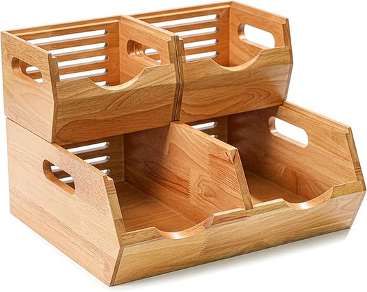 HOMESTEAD Stackable Solid Wood Storage Bins for Pantry & Countertop, Ventilated Potato and Onion Basket Organizer with Handles, Wooden Produce Storage Containers, 3 Pack, Natural Wood