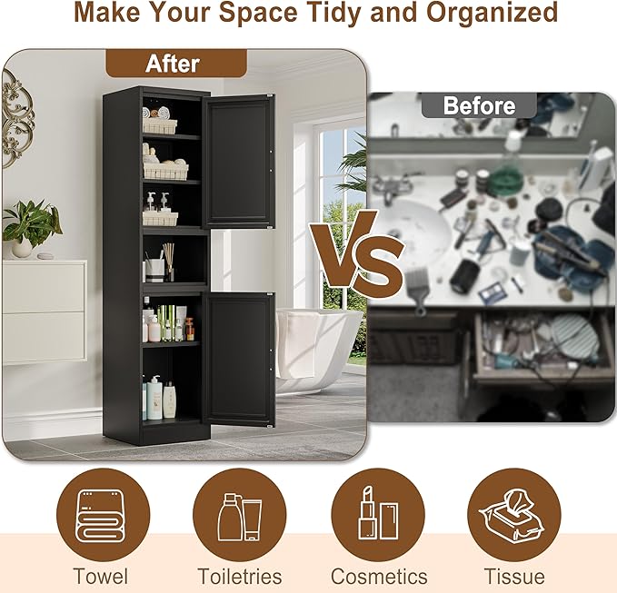 67" Tall Narrow Storage Cabinet Metal Bathroom Cabinet with 2 Doors & 4 Adjustable Shelves, Standing Pantry Cabinets Cupboard for Kitchen, Dining Room, Living Room and Bathroom (Black)