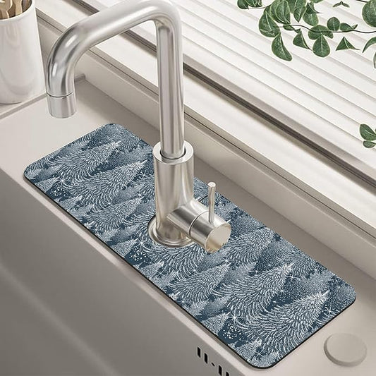 Christmas Forest Sink Faucet Absorbing Mat Pine Spruce Sink Splash Guard Faucet Mat Draining Mat Fast Drying Sink Protectors for Kitchen and Bathroom 5.5"×15"