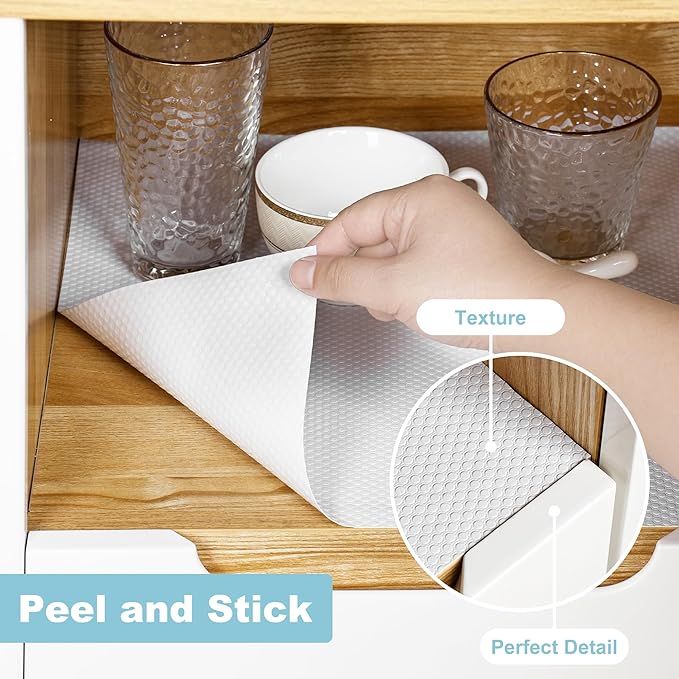 Self Adhesive Cabinet Shelf Liner: Peel and Stick White Waterproof Contact Paper - Non-Slip Removable Kitchen Drawers Liners for Pantry Cupboard 10" W x 144" L