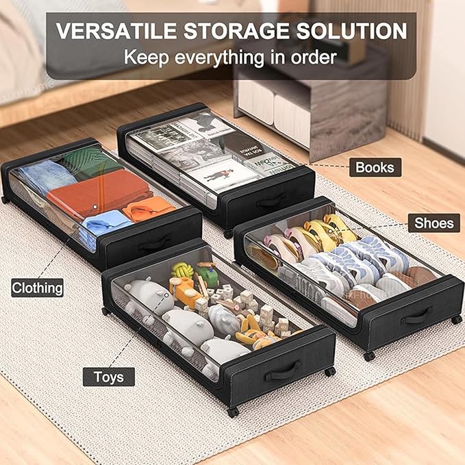 Under Bed Storage with Wheels,2 Pack Rolling Under Bed Storage Bins with Clear Lids and Handles,Underbed Shoe Storage Organizer,UnderBed Storage Containers for Clothes (Rectangular,Black)