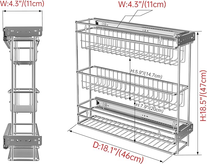 Narrow Pull Out Cabinet Organizer(4⅜" W x 18⅛" D),Pull Out Spice Rack, 3-Tier Side Mount Slide Out Spice Rack for Narrow Cabinet