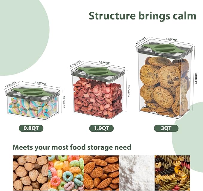 Leakproof Food Storage Container Set with Twist-Lock Lids, 3-Pack BPA-Free Stackable Pantry Canisters for Sugar, Flour, Pasta, Snacks(0.8qt (3.2 Cup), 1.9qt (7.6 Cup), 3qt (12 Cup)- Green