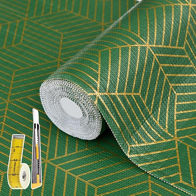 Shelf Liners for Kitchen Cabinets 17.5in x 30FT, Non Adhesive Cabinet Liner Strong Non-Slip Thickened Gold Green Geometric Drawer Liner, Easy to Clean for Shelf, Cabinet with Knife and Tape Measure