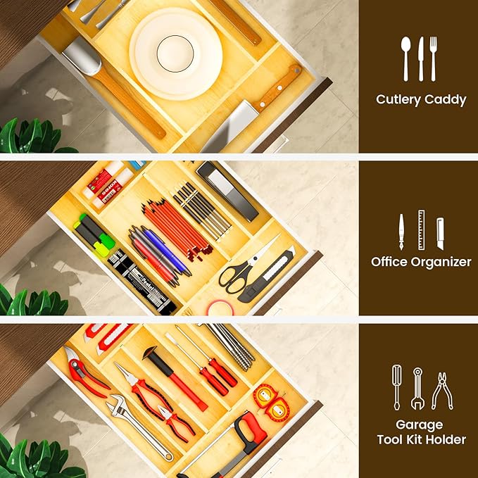 Evjocoh Silverware Drawer Organizer Wood with Adjustable Partition for Kitchen Utensil Cutlery Flatware Cabinet Storage Compartment Tray Insert with Dividers (13.2" W x 19.5" D x 2.5" H)