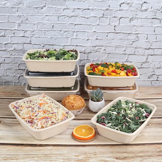 JAYEEY 40 oz Rectangle Disposable salad bowls with lids, Sugarcane Fibers Bowls take away food containers Plant Fibers Freezer Safe 50 Pack