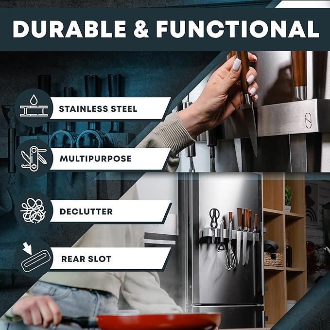 NOVAWARE Double Capacity 24" Magnetic Knife Holder - Stainless Steel, Modern Style - Safe, Patented Design - Holds Over 25 Knives & Utensils - Kitchen Use