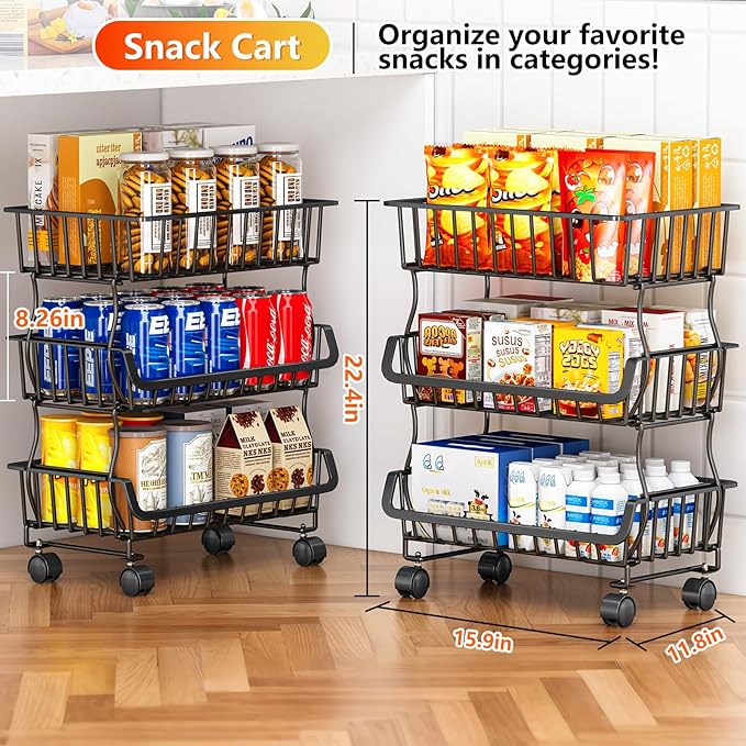 3-Tier Rolling Pantry Organizer and Storage Cart with Wheels – Stackable Wire Snack Cart for Kitchen, Pantry Shelves and Storage Rack for Fruit, Vegetables, Onion, Potato (1 Pack)