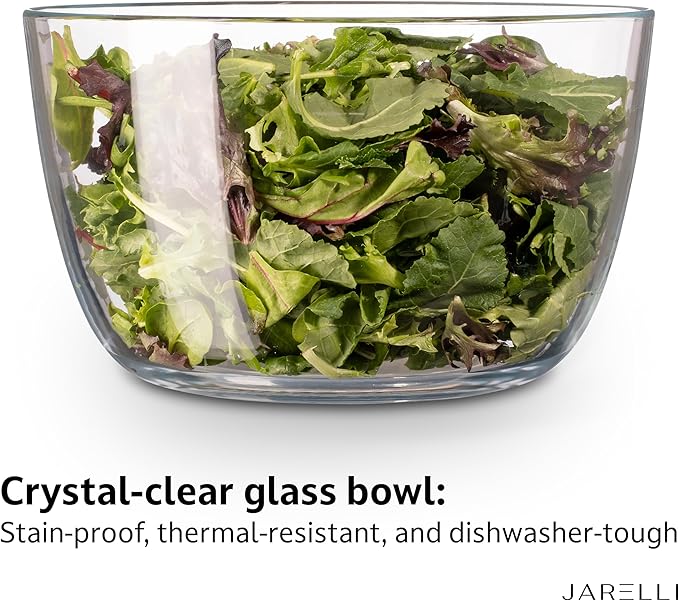 JARELLI Glass Salad Spinner Large Capacity 6.3QT with Storage Lid | Boroscilicate Glass Bowl and BPA-Free and Food-Safe Colander, Base, Spinner Lid and Storage Lid | Washing, Spinning, and Draining